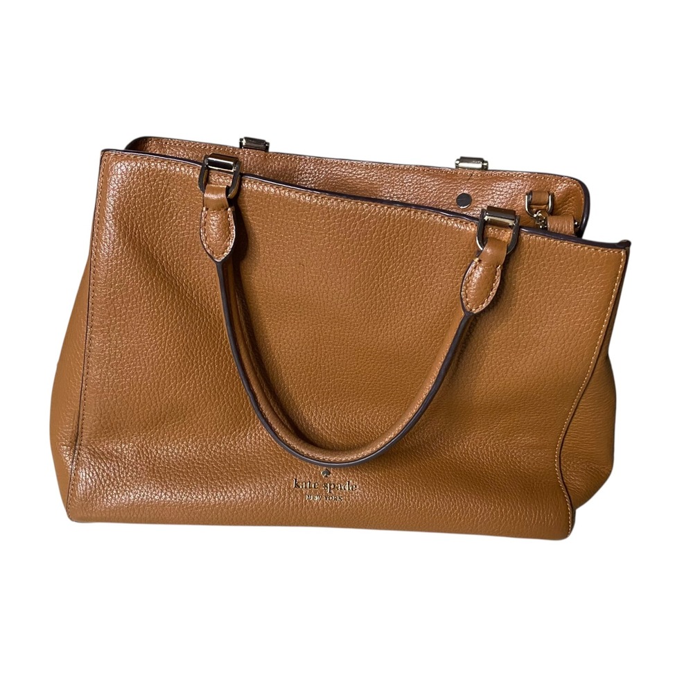 Kate Spade New York Cognac Pebbled Leather Satchel Tote Bag Medium Brown